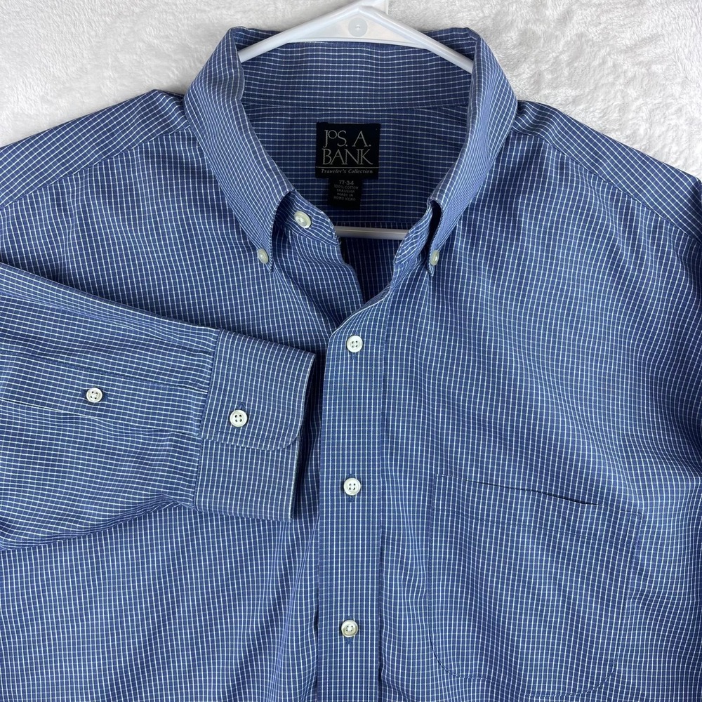 Jos A Bank Traveler Dress Shirt Mens 17 34 Blue Check 100% Cotton Non Iron